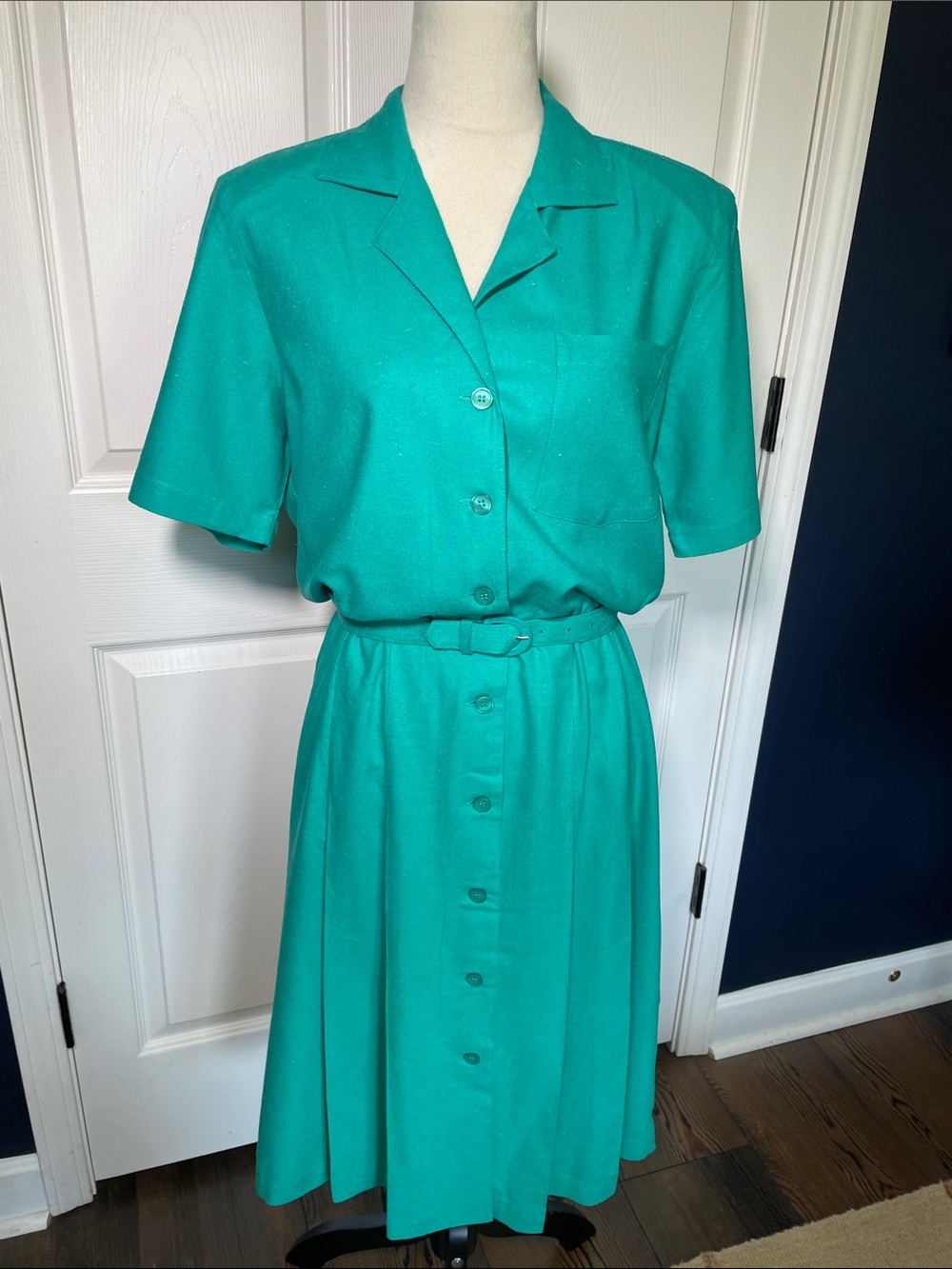 NWT Vintage Silk Hana Sung Emerald Green Button-Down Shirt Dress Belted Sz M